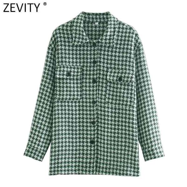 Mujer Vintage Vintage Gire hacia abajo Cuello de manga larga Houndstooth Camisa de la camisa de los bolsillos femeninos Patch Casual Slim Jacket Tops CT614 210420