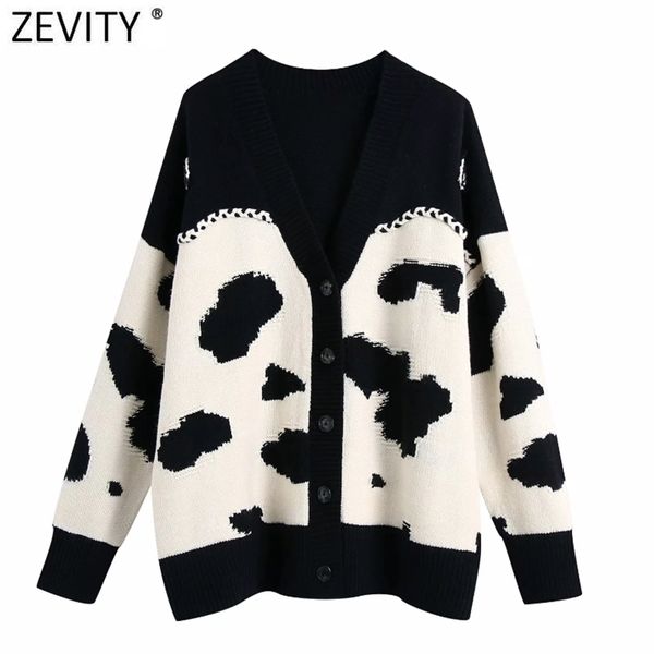 Femmes Vintage V Cou Motif Animal Crochet Cardigans Tricot Pull Femme Chic Manches Longues Contraste Couleur Tops S703 210420