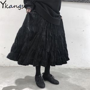 Vrouwen vintage fluwelen lange geplooide rok Koreaanse stijl dames elastische midi hoge taille zwarte lente harajuku gothic kleding 210421