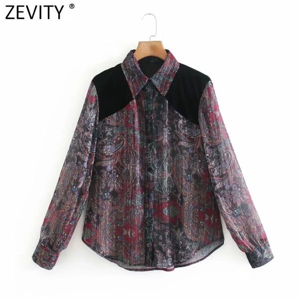 Femmes Vintage Velvet Patchwork Imprimer Translucide Mousseline de soie Smock Blouse Bureau Lady Business Chemises Chic Blusas Tops LS7402 210416