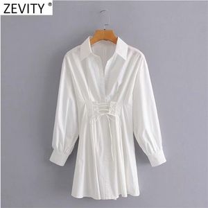 Femmes Vintage taille à lacets pansement décontracté mince plis chemise robe femme Chic dos fermeture éclair blanc Mini Vestidos DS8187 210420