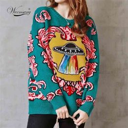 Vrouwen Vintage Warm Thicken Sweaters UFO Wolken Jacquard Pullovers Winter Herfst Gebreide Retro Losse Tops Blusas C-012 210812