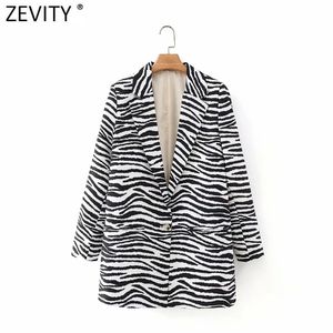 Vrouwen vintage zebra gestreepte print passende blazer jas kantoor dame lange mouw zak past bovenkleding chique tops CT688 210416