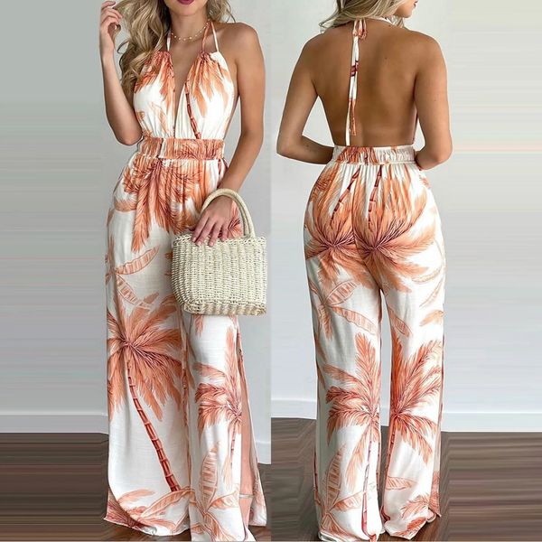 Femmes Vintgae Boho Floral Print Jumps Sans manches Vneck Halter Backless Slit Wideleg Jumps Summer Tropical Long Playsuit 240423