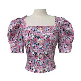 Vrouwen violet oranje korte mouw bladerdeeg bloemen print boog back slash nek zomer backless kawaii b0582 210514