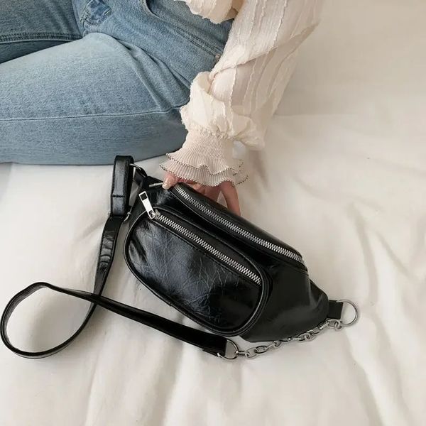 Femmes taille sac mode cuir ceinture poitrine pack chaîne Fanny Packs pour femmes noir solide double fermeture éclair banane BumBag téléphone pochette 240130