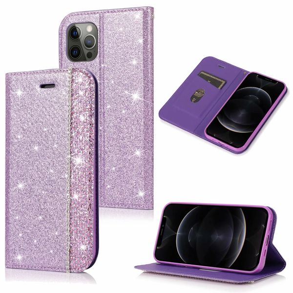 Cajas de teléfono de la cartera magnética para iPhone 12 11 Pro MAX X XS XR 7 8 PLUS, mujeres ultra-delgadas Rhinestone PU Cuero de la PU de la cubierta de la cubierta con las ranuras de las tarjetas, 1pcs Min / Ventas mixtas