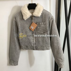 Veste en Jean chaude pour femmes, coupe-vent, vêtements d'extérieur en laine, col à revers, lettres brodées, manteau