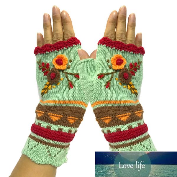 Femmes chaud tricot main crochet Jacquard tricoté demi-doigt hiver gants haute qualité mitaines à la main fleur broderie gants