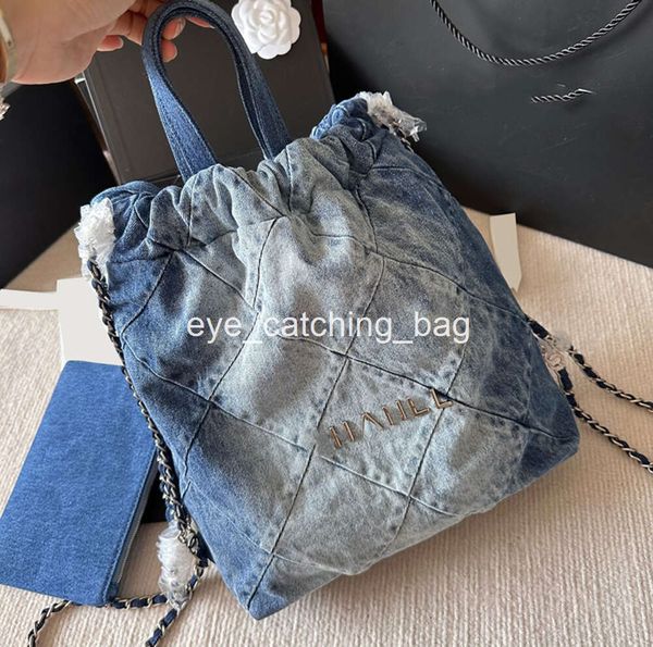 Femmes lavé dégradé Denim 22 cordon Shopping sac à dos sacs poignée supérieure fourre-tout avec pochette portefeuille matériel en métal argenté Matelasse chaîne épaule sac à main