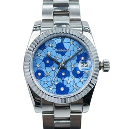 Reloj de mujer Azul 24 flores esfera de diamantes 31 mm Cristal de zafiro 2813 Reloj de pulsera con movimiento automático