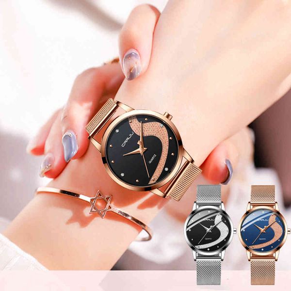 Reloj de mujer CRRJU Moda Relojes de diamantes de lujo Vestido de mujer Galaxy Pulsera de malla Relojes de cuarzo impermeables Relogio feminino 210517