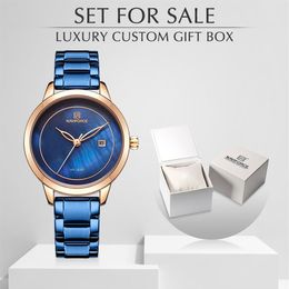 Femmes Watch Naviforce en acier inoxydable Lady Wristwatch Fashion Areproof Dames Watches Simple Blue Girl Clock Set pour 233J