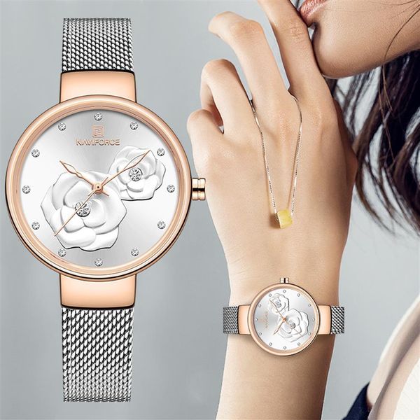 Montre femme NAVIFORCE Top marque de luxe maille en acier étanche dames montres fleur Quartz femme montre-bracelet charmante fille Clock343o