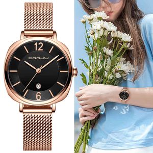 Dames Horloges CrRju Topmerk Luxe Mode Datum Dames Horloges Roestvrij staal Rose Mesh Strap Vrouwelijke Quartz Horloge 210517