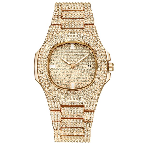 Relojes de mujer 43 mm Moda Fecha de lujo Reloj de cuarzo lleno de diamantes Reloj de negocios de acero inoxidable dorado para mujer Montres de Marque de Luxe