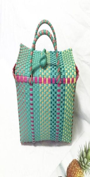 Femmes tisser les sacs de sacs à main décontractés à seau tissé à plage populaire Sac de rangement de rangement de panier en plastique 94128666690524