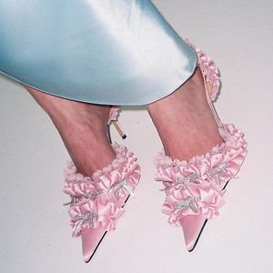 Sandales à talons hauts roses pour femmes, escarpins Sexy avec nœud papillon en cristal plissé, lanière à la cheville, chaussures Stiletto, pour Banquet de mariage