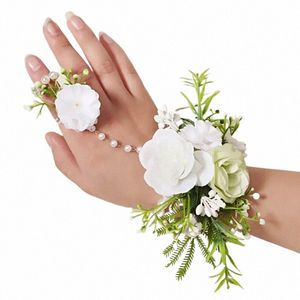 Mujer Wedding Bridesmaid Bracelet FR con perla Corsage hecho a mano Partido elegante Rose Artificial Bridal Accories 61ao#