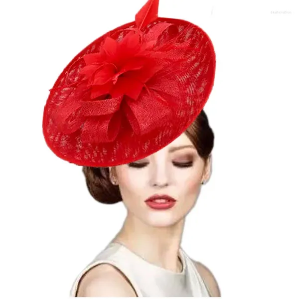 Tocado rojo de boda para mujer, sombrero con flores y plumas, accesorios para el cabello para mujer, tocado para fiesta, velo de malla Floral, horquilla