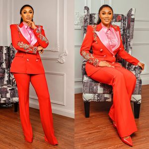 Femmes mariage Tuxedos 2 pièces dentelle rouge perles bureau dame Blazer costumes femme taille haute pantalon sur mesure