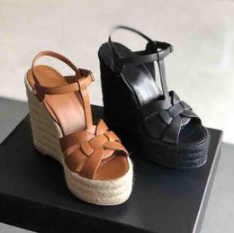 Dames Wedge Sandaal Hoge hakken Schoenen eerbetoon lederen Wedge Espadrille Sandals Brand Platform Ankle Riem Flat Luxury Design met doos