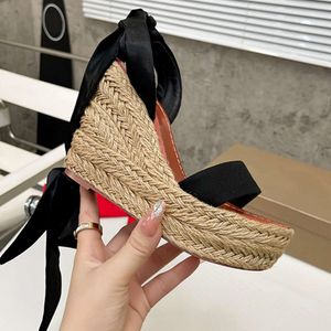 Echte zijde enkelband Wedge Sandals vrouwen Espadrilles High Heels Summer Platform Schoen Verstelbare trouwjurkschoenen met doos 565