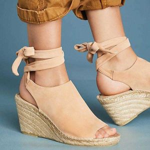 Vrouwen wees sandalen enkelband peep toe schoenen effen geweven zool hoge hak kudde lace up casual schoenen dames zomer x0728