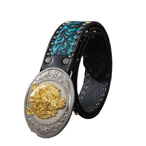 Femmes Western-Cowboy-ceinture en cuir PU Floral gravé or tête de tigre boucle-ceintures pour Jeans boucles occidentales hommes cowboy ceinture