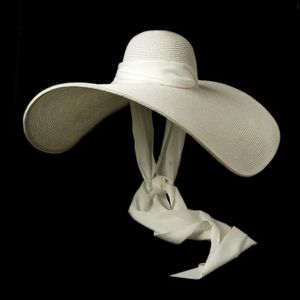 Vrouwen Wit 25 cm Oversized Sun Hat Soft Silk Ribbon Tie brim floppy Giant Beach Straw Summer Kuntucky Derby Cap 240410