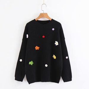 Vrouwen Wit Zwart Geel Geel Oranje Sweater Gebreide Pullovers Crew Hals 3D Bloem Geappliceerd Herfst Winter M0186 210514