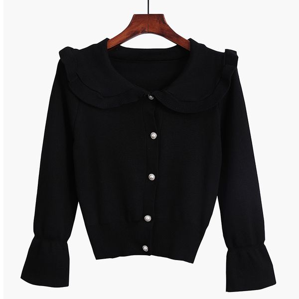 Mujeres Blanco Negro Rojo Rosa Peter Pan Collar Suéter de punto Botón de manga larga Chaquetas cortas Sweet Spring M0393 210514