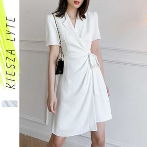 Vrouwen witte blazer jurk zomer franse wrap lace up elegante korte mouw jurken outfit 210608