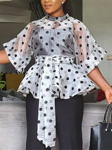 Vrouwen Witte Blouses Polka Dot Peplum See Through Sexy Dunne Transparante Half Flare Mouwen Taille Riem Tops Shirt Fashion Bluas 240322