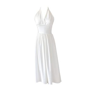 Femmes blanc licou dos nu Sexy robe Empire a-ligne solide plage vacances longue été D2277 210514