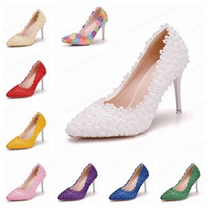 Zapatos de boda de encaje blanco para mujer, tacón alto fino de 9CM, zapatos de tacón con flores color Beige, tacones de princesa para fiesta de cumpleaños