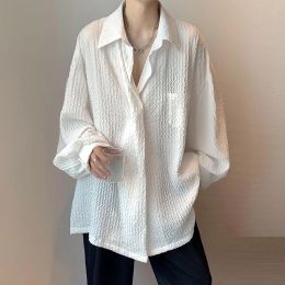 Blusas plisadas blancas para mujer, camisas femeninas de estética informal de gran tamaño, cárdigan de moda Harajuku único, ropa informal estilo Kpop