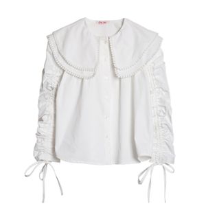 Vrouwen wit overhemd Peter Pan Collar Ruches Drawstring Single-Breasted Lange mouw Solid Blouse B0781 210514