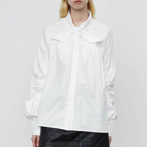 Camisa blanca para mujer, moda de primavera, manga larga, cuello de lazo, blusa ancha moderna para mujer, Top 210602