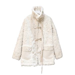 Mujeres White Solid Jacket Turn Down Collar Faux Fur Lambswool Lace Up Highstreet Pocket C0516 210514