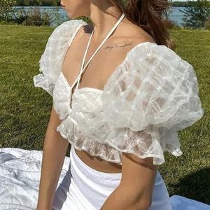 Vrouwen Wit Solid Summer Cropped Top Puff Sleeve Tie Front Vintage Blouse Vrouwelijke Mesh Shirt Sexy Backless Femme Blusas 210521