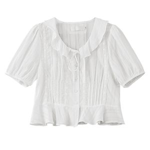 Femmes Blanc Jaune Solide Turn Down Col Chemise à manches courtes Bouton Spring Summer Puff Cordon B0668 210514