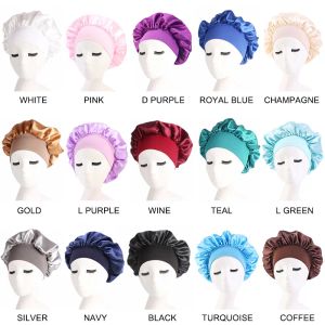 Femmes larges groupe en satin capuchon de bonnet de soie confortable Night Sleep Caps Hat Dames Soft Soft Long Hair Care Bonnet Headwrap 0409