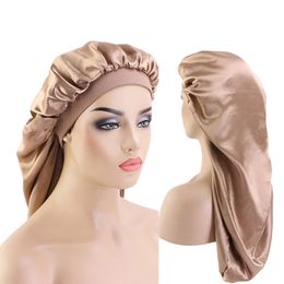 Vrouwen brede band satijn slaap nacht cap effen kleur lange tube bonnet schoonheid haarverzorging cap haaruitval wraps dames hoofddeksels baggy