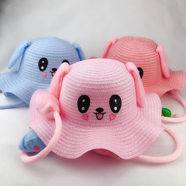 Chapeaux d'été à larges bords avec oreilles de lapin en mouvement drôles pour enfants filles garçons adultes femmes Laides chapeau de seau pliable plage visière de paille chapeau de soleil UA Cap