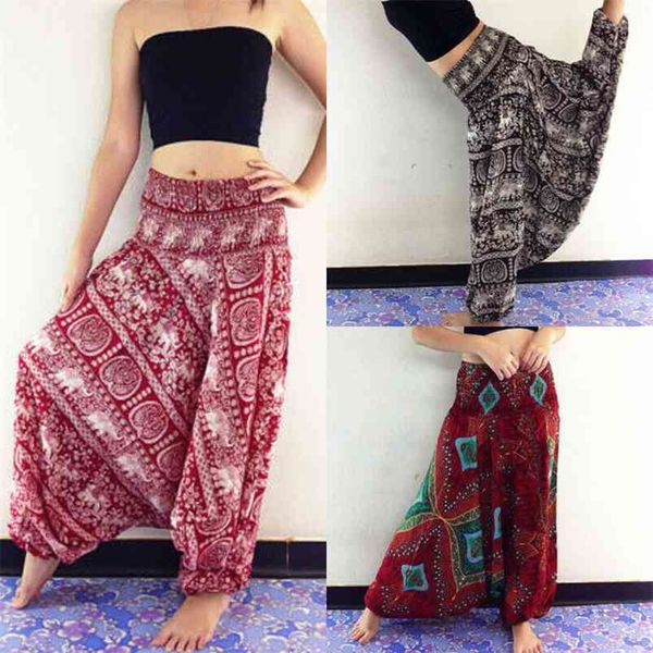 Mujeres Pantalones de piernas anchas Baggy Afghani Genie Indian Aladdin Imprimir Cintura Alta Cintura Moda Pantalones grandes Tamaño de la gasa suelta Ropa 210522