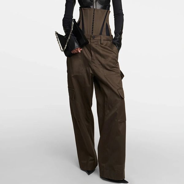 Pantalon à jambes larges pour femmes, taille haute, deux pièces, Corset détachable, désossage, coupe ample, unisexe, pantalon Cargo Olive, 231225