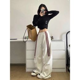 Vrouwen wijde pijpen streep hoge taille trekkoord sportbroek effen casual baggy cargobroek haruku joggers streetwear