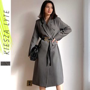 Vrouwen windbreker minimalistische sleuf elegante jassen lente vintage massief grijs Frans lange pak jas vrouwelijke kleding 210608