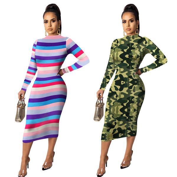 Vestidos casuales mujeres invierno otoño vestido raya camo bodycon manga larga media cald una pieza 2021 llegada